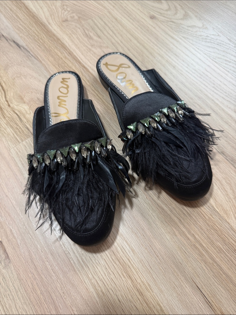 Sam Edelman Landis Mules Womens Size 7M Satin Feather Embellished Slip On Shoes